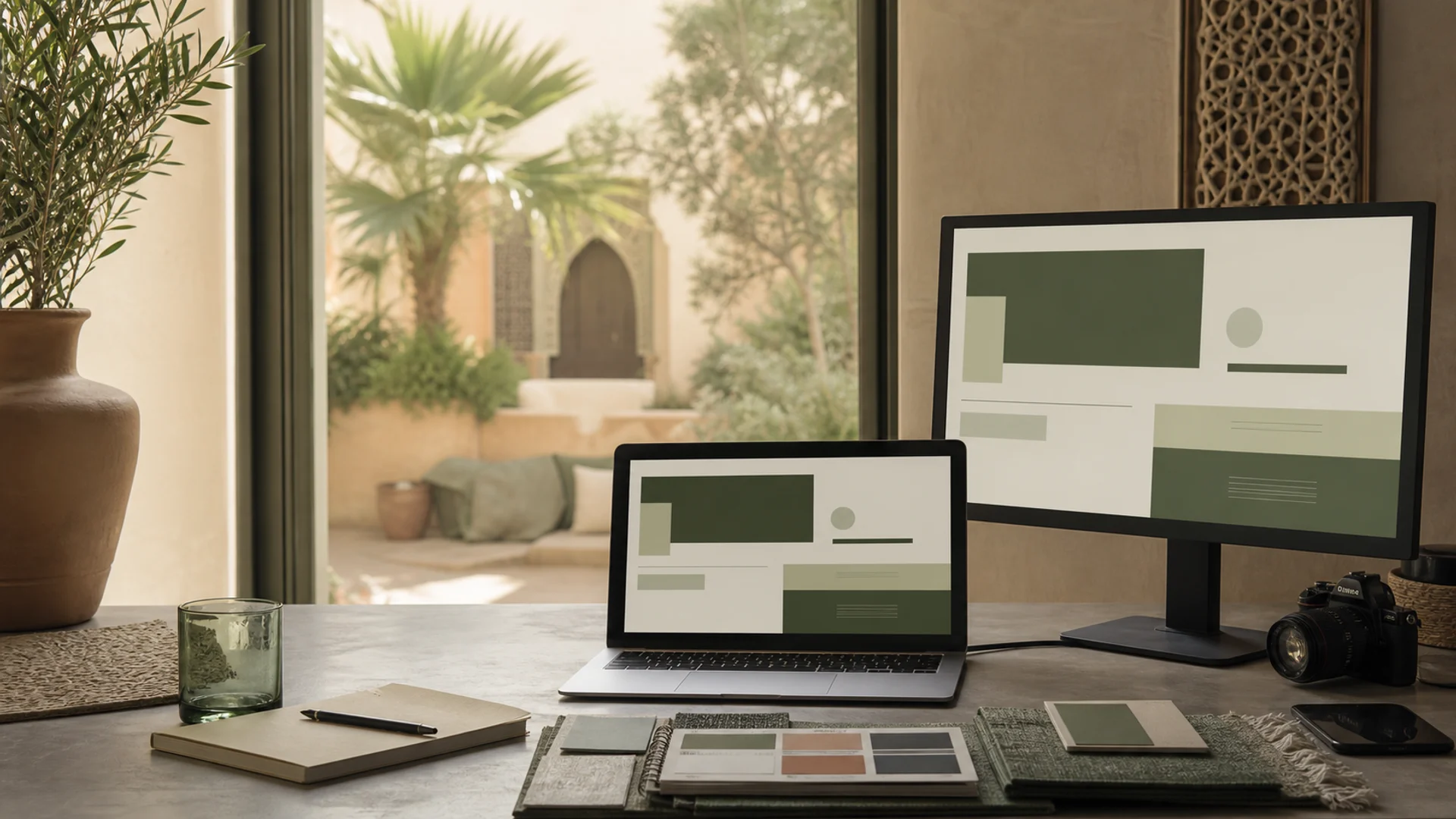 Premium web production workspace with abstract website layouts and Moroccan craft details