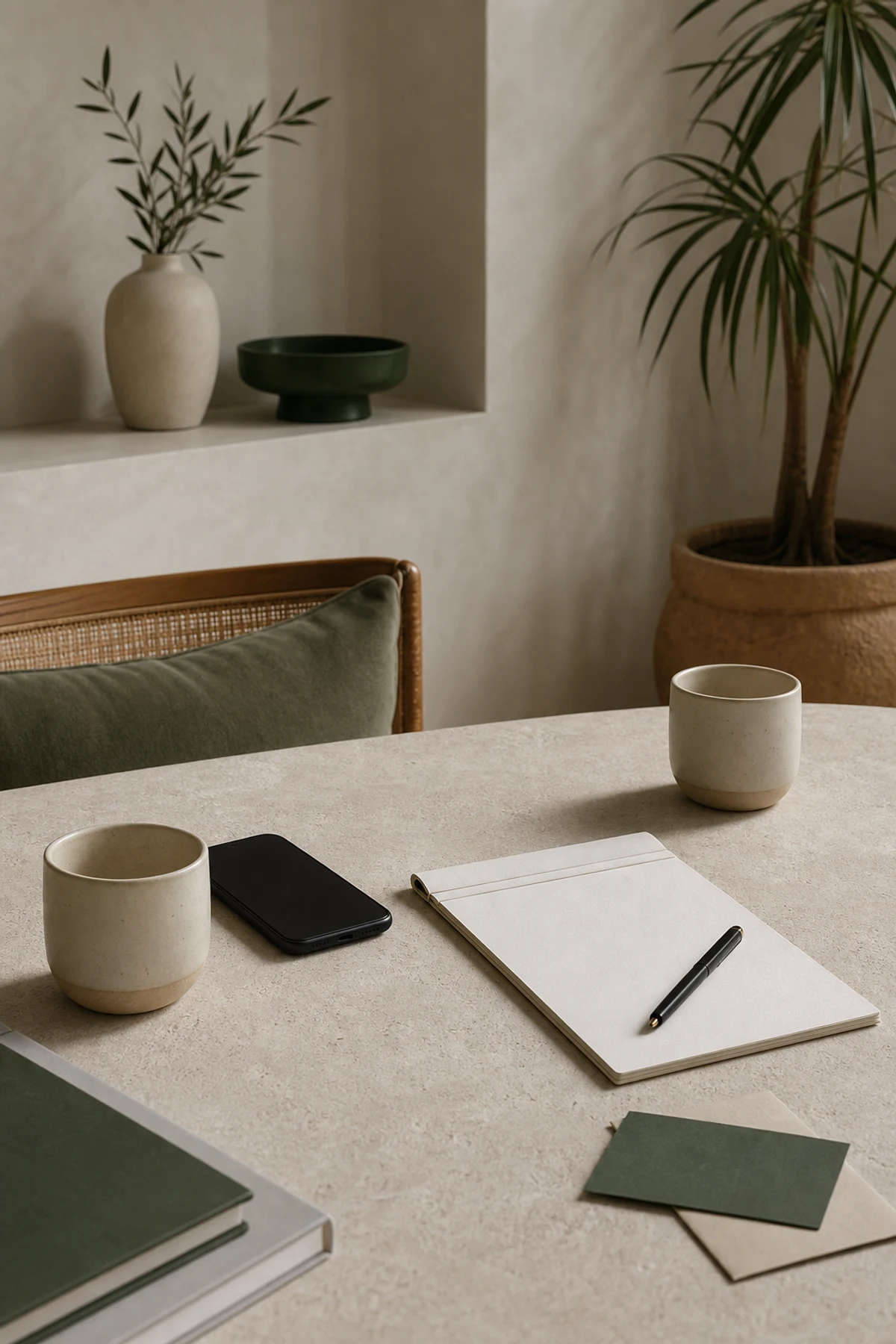 Studio table prepared for a client conversation